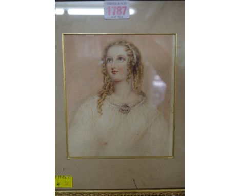 English School,&nbsp;early Victorian, bust-length portrait of a young woman, watercolour, 15.5 x 13.5cm. 