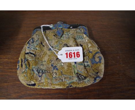 A 1920s/30s silver, champleve enamel and Chinese silk velvet purse. 