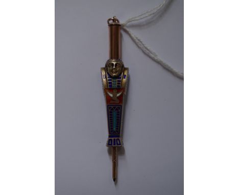 An Egyptian Revival figural gilt and ble and red enamel propelling pencil. 