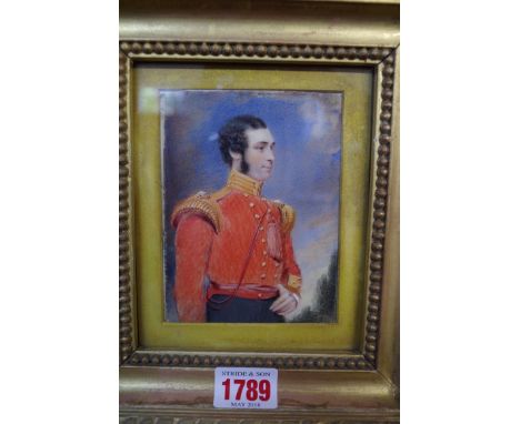 English School, 19th century, half-length portrait miniature of an army officer with scarlet tunic, on ivory, 11.5 x 8.5cm. 