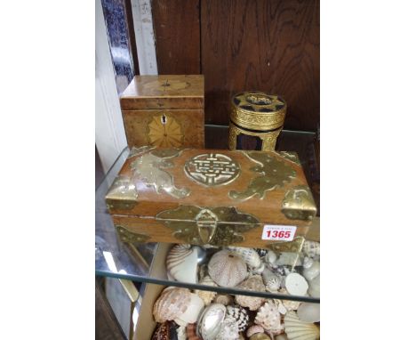 A Chinese brass mounted hardwood casket, 20cm wide; together with a George III burr yew and inlaid tea caddy; and an Indian p