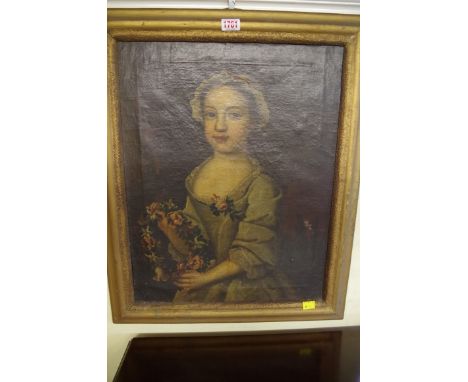 English School, 18th century, half length portrait of a young girl with a floral garland, inscribed on label verso 'Elinor Gl