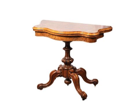 Victorian burr walnut folding card table, ornate base, on four casters, felt top to interior, shaped top, when unfolded 91cm 