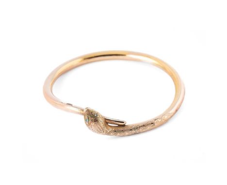 9ct gold serpentine bangle / bracelet with textured snake's neck, figural head, opal set eyes, stamped '9ct', 12.9g, circa 90