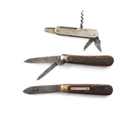 Three Early c20th Sheffield Made Folding Pocket Knives to include R Moseley &amp; Taylors Eye Witness Bone Handle Knives and 