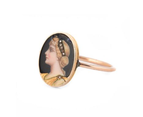 Pietra Dura 18ct gold depicting lady in profile set with rose cut diamonds set on a 9ct rose gold shank (testing as). Grand t