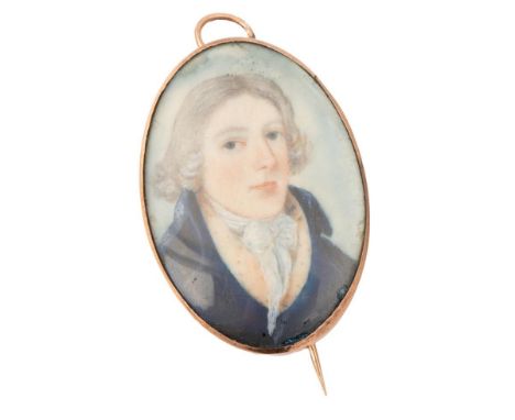 An antique painted miniature portrait on ivory, gold cased frame, a gentleman in Regency dress, circa 1820, 42mm tall,UK Gove