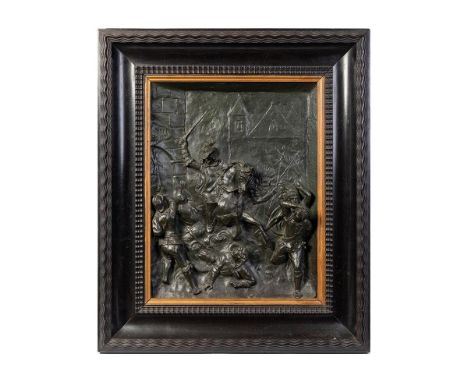 A substantial c19th French cast bronze figural plaque sculpture or relief in the c17th style depicting a battle scene with a 