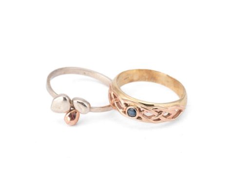 9ct gold Clogau ring, Celtic style, set sapphire, 4.4g, size T/U, with a silver ring (2).