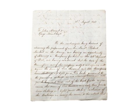 43rd Monmouthshire Light Infantry Regiment of Foot Letter 1843 regarding the purchasing of a Commission for an officer Lieute