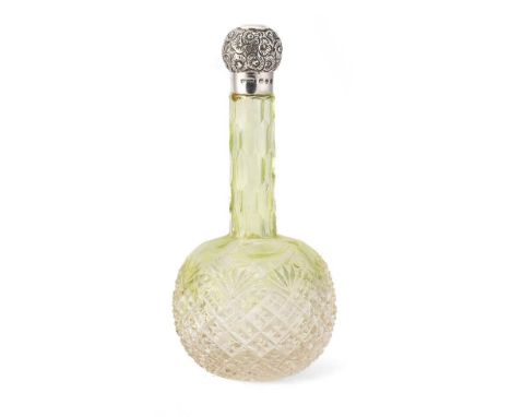 Victorian green glass perfume bottle with silver top, 'Pineapple' form, Birmingham 1896, M Brothers, 16cm tall.