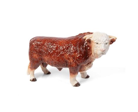 A large mid 20th century Melba Ware butchers shop advertising figure of a Hereford Bull, with horns, 42cm long.  In good cond