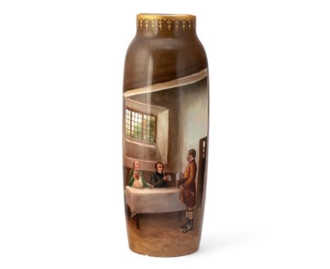 Royal Doulton hand painted cylindrical vase 'Good Health! tavern scene, signed by R Holdcroft, 29.5cm tall.  In good conditio