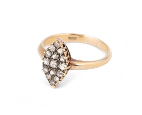18ct gold ring, marquise shape, set diamonds, 4.2g, size R/S, stamped '18c'.
