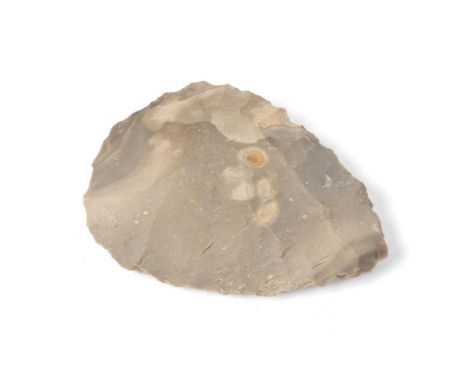A flint axehead, partially polished, believed neolithic, in grey / white appearance, 15.5cm x 10.5cm, 506.5 grams.