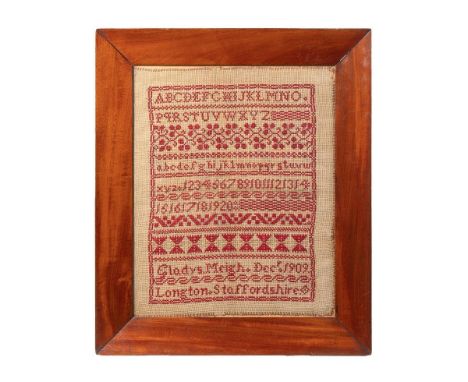 Early c20th needlework embroidery sampler by Gladys Meigh Longton Staffordshire dated 1909 in an original mahogany frame  ver