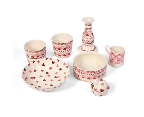 Emma Bridgewater Pottery in the Sampler and Pink Hearts designs to include a large pet bowl, a fluted dish, a candlestick, tw