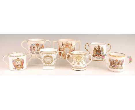 A collection of Victorian and later commemorative loving cups, to include Staffordshire, Anchor China, Royal Worcester, Halcy