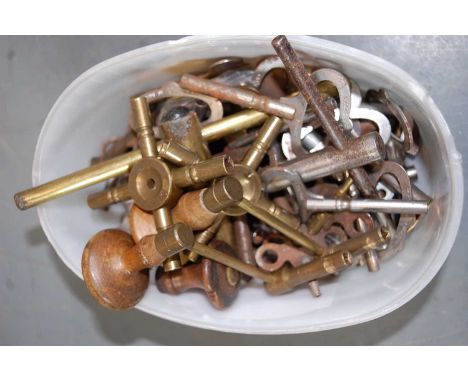 A collection of clock and watch keys, to include Victorian brass and steel examples for long cases and bracket clocks togethe