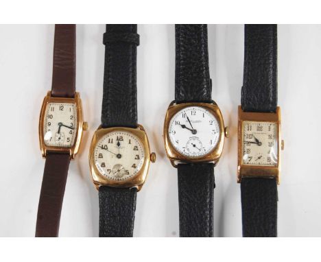 A lady's 9ct gold cased tank watch, having unsigned silvered dial, manual wind movement; and three other vintage gold plated 