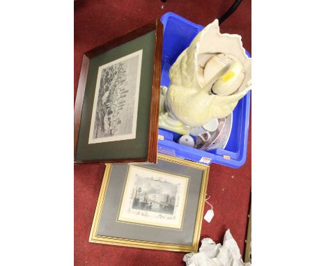 A collection of miscellaneous items to include a ceramic jardiniere in the form of a swan on stand, various tankards, prints 