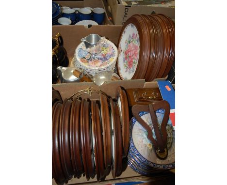 Three boxes of miscellaneous items, to include Royal Albert Pansies collectors plates by Sarah Anne Schofield, Pique ware fou