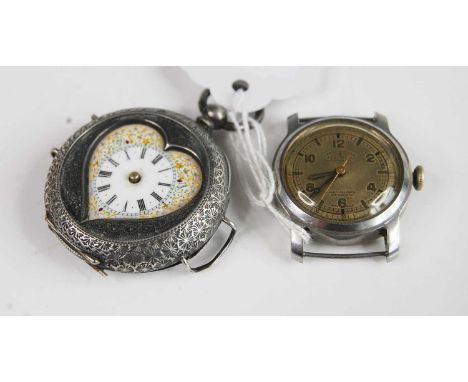 A lady's silver cased open faced pocket watch, having heart shaped white enamel and gilded dial, engraved back cover, keywind