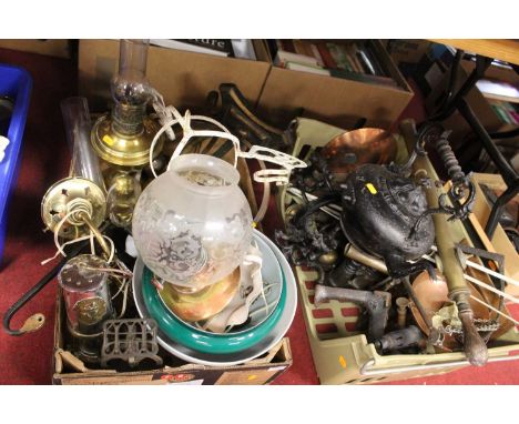 A large collection of miscellaneous items to include a miner's safety lamp, a brass pedestal oil lamp, an iron kettle etc