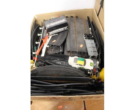 A collection of loose Scalextric vehicles, track and accessories