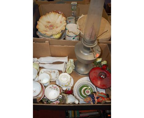 A collection of miscellaneous items, to include carnival glass dishes, pedestal oil lamp, Spode figure of Henrietta by Paulin