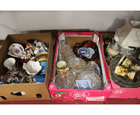Three boxes of miscellaneous items to include various Toby jugs, continental biersteins, Wedgwood blue jasper ware trinket di