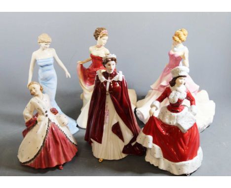 A collection of five Royal Doulton figurines to include Summer Ball, Winter, Autumn Ball, The Ermine Coat, Diana Princess and