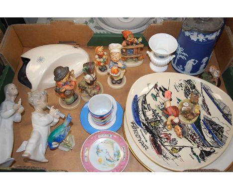 A box of miscellaneous items, to include Nao Spanish porcelain figure of a young girl with candle before her, Burleighware wa