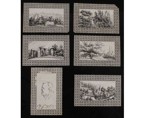 A collection of six 19th century ink on card miniatures with perforated borders, five being topographical scenes (two of Chru