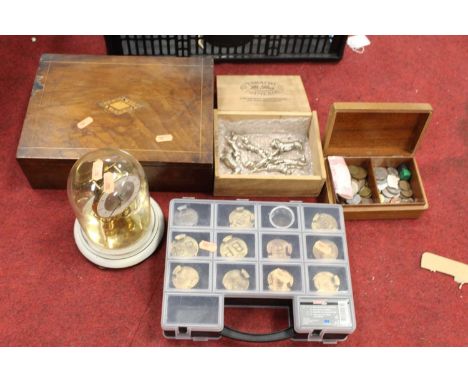 A collection of miscellaneous items to include various motor oil can caps, to include Pratts, BP, Shell, etc, a German annive