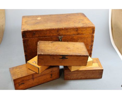 A Victorian walnut mother of pearl inlaid unfitted box together with one other Victorian mahogany box containing various othe