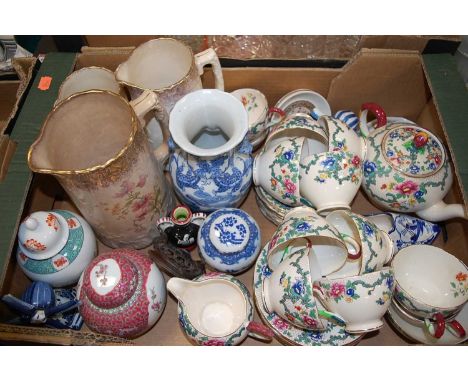 A box of miscellaneous items, to include a Royal Cauldon eight-place setting tea service, a graduated set of three transfer p