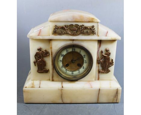 A late Victorian onyx cased mantel clock of architectural form having gilt metal figural mounts with enamelled chapter ring, 