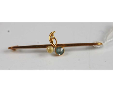 A 9ct yellow gold, aquamarine and pearl bar brooch, featuring a central floral motif with a round aquamarine further set with