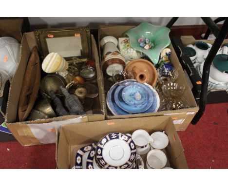 Three boxes of miscellaneous items to include early 20th century part tea service, brass bowls, Chinese warrior figures, etc