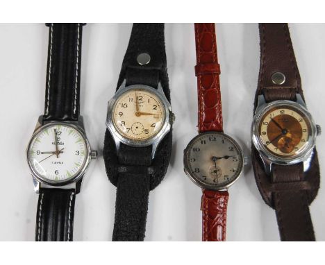 A gent's Roamer steel cased manual wind wristwatch, case dia.33mm; together with two Russian gent's steel cased wristwatches;