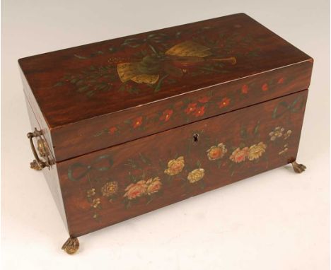 A 19th century walnut fitted tea caddy, the whole polychrome decorated with instruments, sheet music, flowers and foliage, th