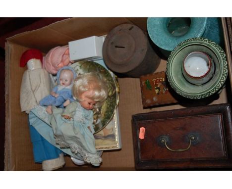 A box of miscellaneous items, to include a campaign spirit burning stove, a 19th century mahogany tea caddy, Coalport collect