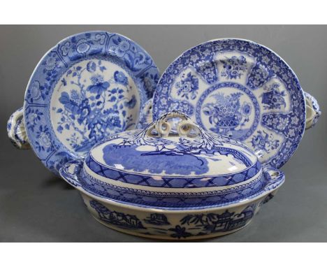 A late Victorian Ashworth(?) warming tureen and cover, blue and white transfer decorated in the Chinese taste with various pa