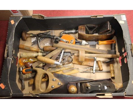 A box of miscellaneous hand tools to include beechwood block plane, marking gauge, brace etc