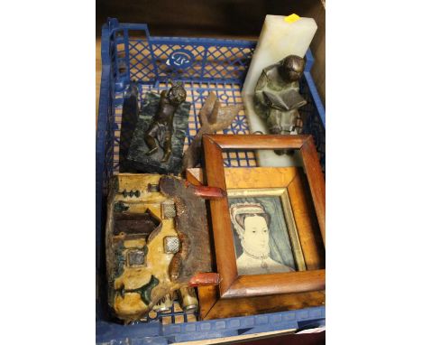 A collection of miscellaneous items to include stag antler handled carving set, bronzed metal figure of a child with bird on 