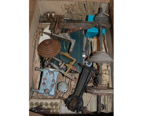 Assorted watch makers tools, to include various vice clamps, boxed star lathe with components etc 