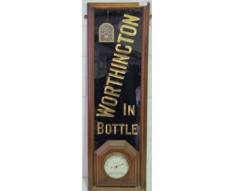Worthington Brewery: Worthington Brauerei Pub-Werbung mit BarometerHolz Metall Glas. Hinter Glas gefasster Worthington-Schrif