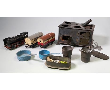Fleischmann Elektrolok und 2 Waggons Spur 0 &amp; PuppenherdDampflock elektrifiziert : Model 350 -gfn- elektrischer Antrieb, 