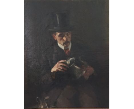 Impressionist: "Antiquitäten-Taxator begutachtet silberne Kanne"Öl auf grobem Rupfen, 101x81cm, rückseitig div. Austellungset